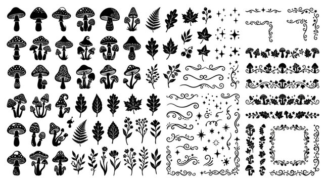 Black and white leaf shapes icons.