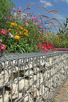 Gabion avec plantes fleuries dans un espace urbain