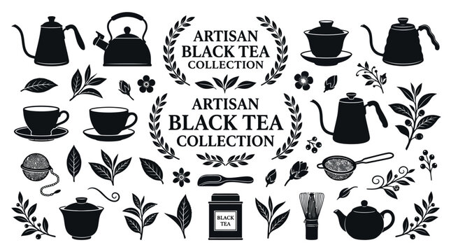 Black Tea Collection Icon Set.