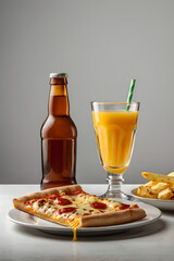 Cheese pizza slice served with fries and drink isolated on white background commercial food photography style © Bayu