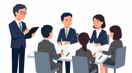 Obraz premium A group of business professionals, including men and women, engaged in a formal meeting around a conference table, with one person standing and taking notes.