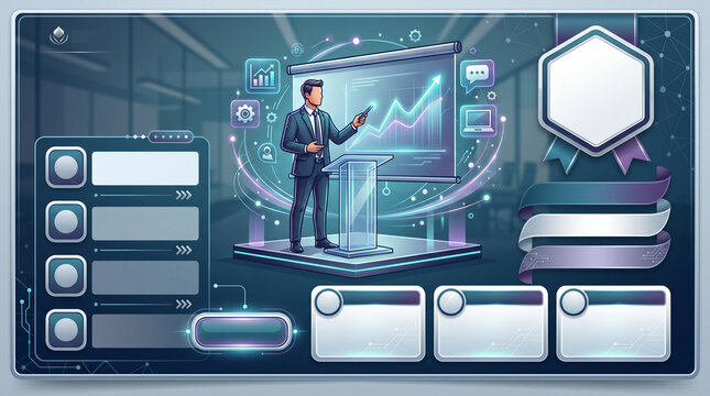 Businessman giving a presentation on stage with digital interface elements