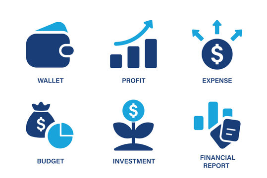 Financial theme icons such as wallet, profit, expense, budget, investment, financial report. Solid vector icon set.