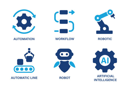 Automation theme icons such as automation, workflow, robotic, automatic line, robot, AI. Solid vector icon set.