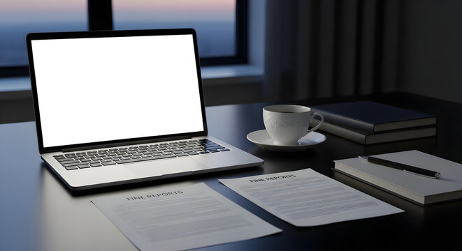 Professional desk setup with a laptop, blank screen, coffee, and documents, ready for remote work, study, or business tasks in a quiet evening setting