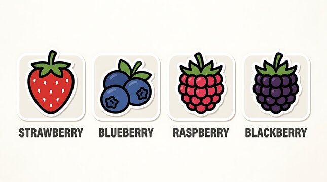 Colorful berry illustrations on white background.