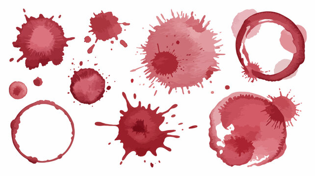 Red wine stains collection watercolor style on a white background crimson splatter liquid stain marks blotch texture abstract shapes reddish fluid spots ring circles isolated