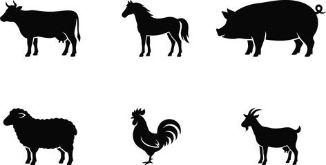 Obraz premium Farm animal silhouette vector icon set, minimalist black livestock icons 
