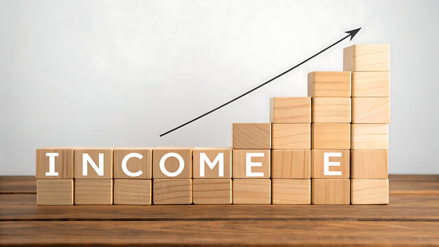Wooden blocks arranged in a rising staircase pattern with the word income printed on them and a black arrow pointing upwards for financial success