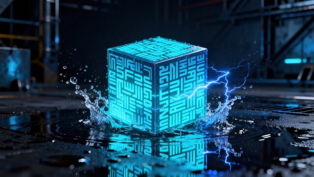 Glowing blue cube in water with electric sparks