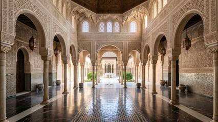 Fototapeta premium Majestic Moorish palace interior featuring elegant arches, intricate ornamentation, warm natural light, and timeless Islamic-inspired architectural beauty.