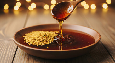 Fototapeta premium Honey dripping from a wooden spoon into a bowl with mustard seeds