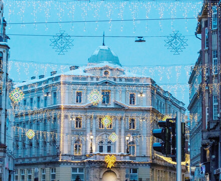 Winter Evening City Hall with Holiday Lights