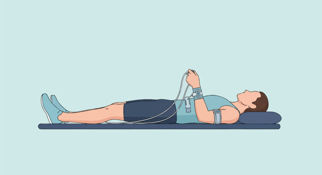 Minimal vector illustration of a man lying on a medical mat undergoing a diagnostic procedure with physiological sensors attached to his arms and torso connected by wires.