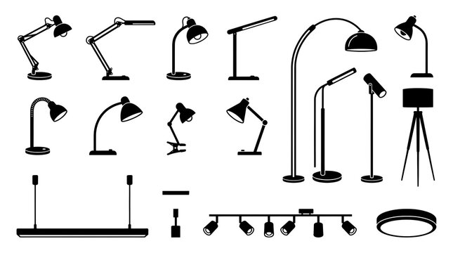 Workspace lighting collection with vector silhouettes of desk lamps, floor lamps, adjustable office lights, and ceiling spotlights.