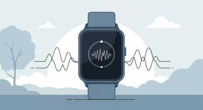 Flat vector illustration of a smartwatch displaying a sound wave or heart rate monitor frequency graph on its square screen, positioned in front of a stylized landscape with a tree and clouds.