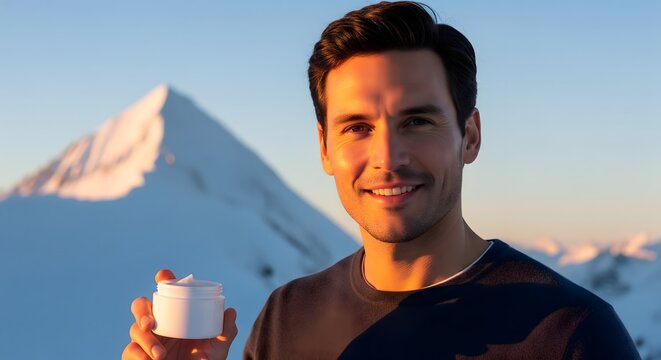 Handsome man holding a skincare cream jar outdoors in snowy mountains
