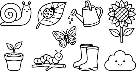 Cute Cartoon Spring Garden Vector Element Collection Set Featuring Outline Snail Butterfly Sunflower Watering Can and Boots for Kids Coloring Pages Graphic Designs © Masud