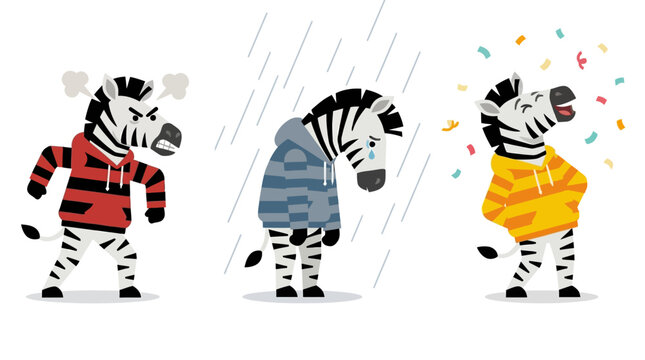 Funny Cartoon Zebra Characters in Colorful Hoodies Expressing Various Emotions of Anger Sadness and Happiness