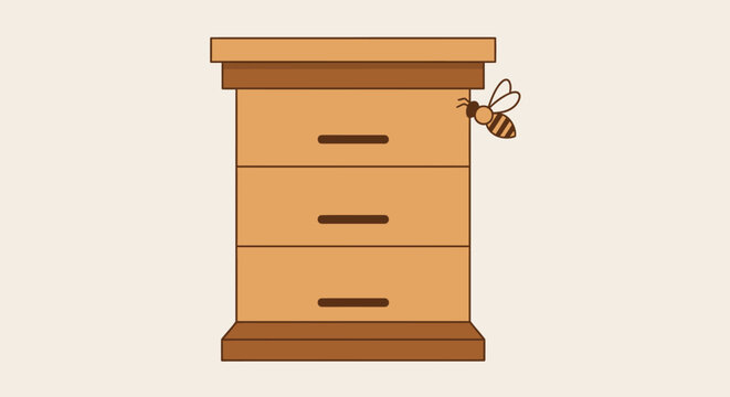 Beehive with Bee Flying In, Flat Design, Beekeeper Equipment