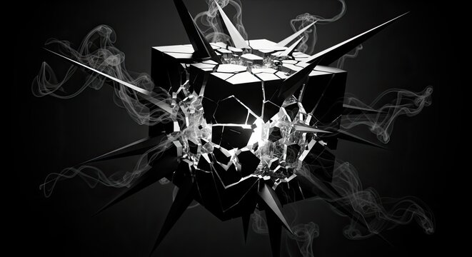 Exploding geometric black cube with spikes and smoke wisps