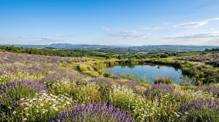 Fototapeta premium Scenic lavender field with pond and rolling hills under blue sky