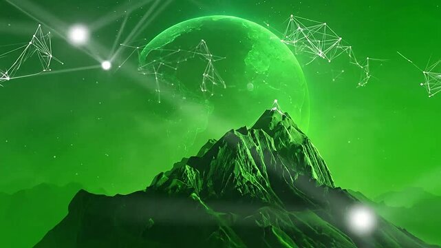 Global digital network connections over a mountain peak in green light