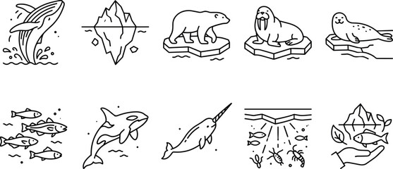Arctic wildlife and polar ocean animals line icon set featuring whale iceberg polar bear walrus seal orca narwhal vector © Aktarul