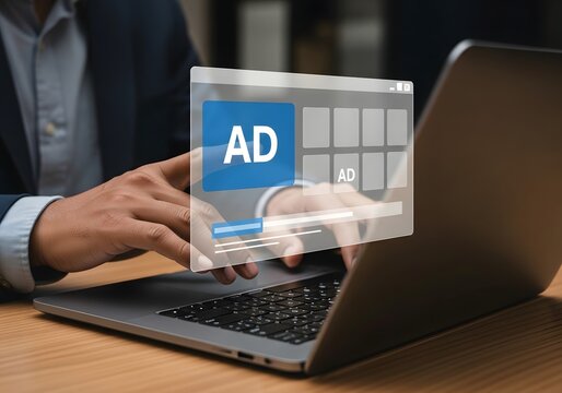Professional marketer analyzing digital advertising metrics on a laptop with an ad interface in a modern office setting