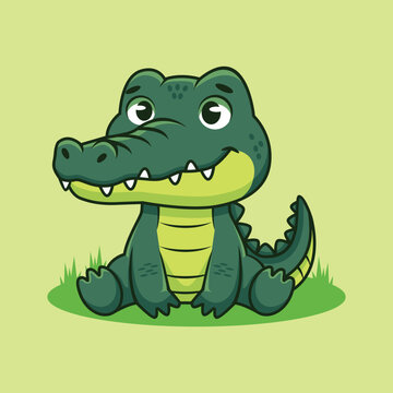 cute cartoon illustration of a crocodile sitting on the grass