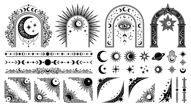 Collection of sun moon star symbols.