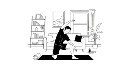 Fototapeta premium Black and white line art illustration of a man performing a kneeling side stretch on a black yoga mat in a modern living room featuring a sofa, bookshelf, and large houseplant.