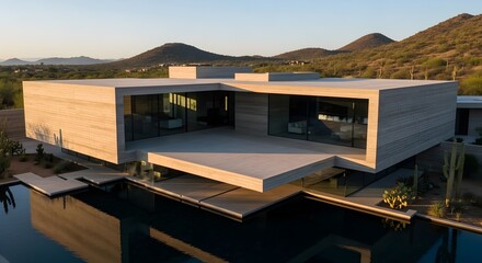 Fototapeta premium Modern desert home with a flat roof, large windows, and a swimming pool, set against a mountainous landscape at sunset.