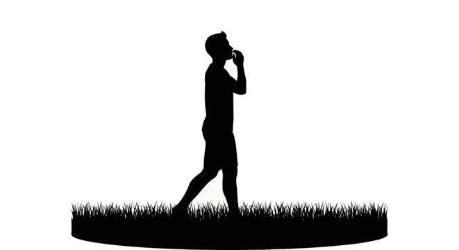 Black silhouette of a man standing on a patch of grass practicing a breathing exercise, holding one hand to his face, isolated on a white background for health and wellness concepts.