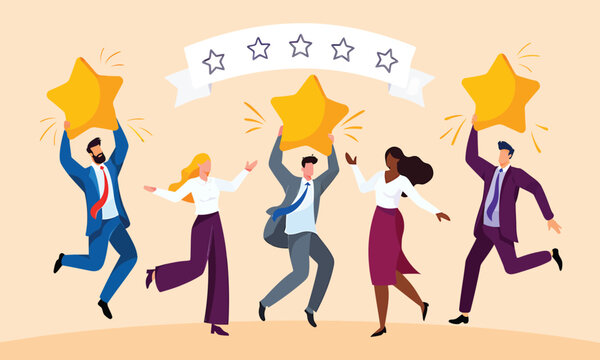 Diverse corporate business team members jumping with joy while holding large golden stars to celebrate their collective achievement in this bright colorful flat vector graphic illustration