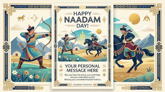 Mongolian riders celebrate Naadam Day with horses, bows, and traditional clothing in a scenic landscape