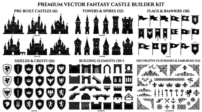Vector fantasy castle builder kit elements.