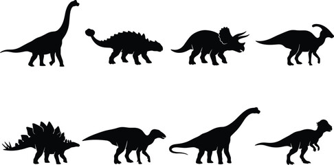 Obraz premium Prehistoric Dinosaur Silhouette Collection Featuring Herbivore and Carnivore Species Vector Illustration Set