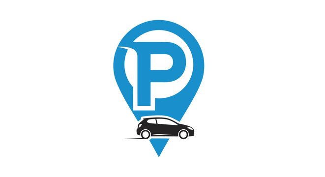 Black car with parking sign icon.