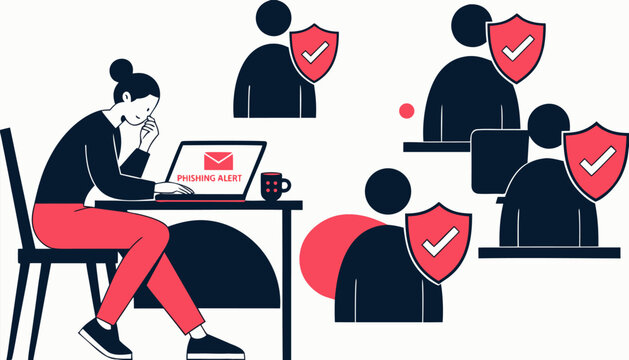Cyber security concept with worker identifying online phishing scam.eps