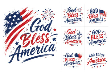Patriotic God Bless America vector set, 7 American flag typography designs, red white and blue fourth of July graphics for t-shirts and posters © 爱心binragh