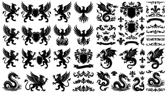 Black silhouettes of mythical creatures and crests.