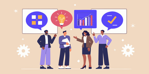Fototapeta premium Diverse business professionals with thought bubbles vector illustration
