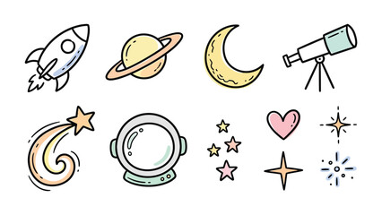 Space Adventure Icons: A charming collection of hand-drawn illustrations featuring a rocket ship, Saturn, a crescent moon, telescope, shooting star, astronaut helmet, stars, and heart. © ABUBAKAR