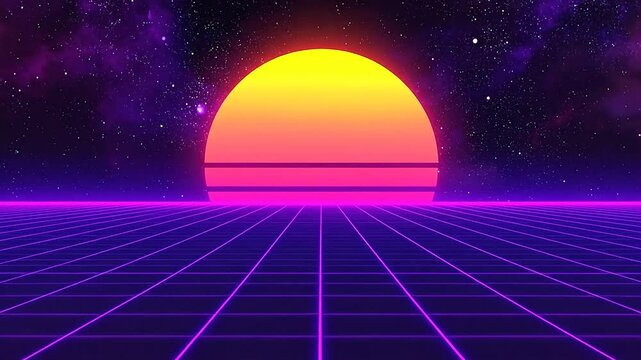 Vibrant retro futuristic landscape with a glowing sun and grid