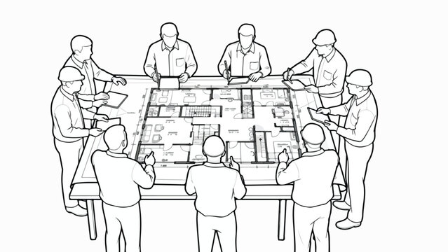 Architectural line art of engineers meeting, construction team reviewing floor plan blueprints, professional builders in hard hats around table vector