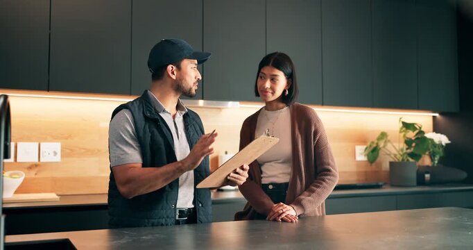 Clipboard, woman and talking to handyman in kitchen for client quote, maintenance or renovation. Checklist, home and conversation for repair service cost, people planning and assessment report