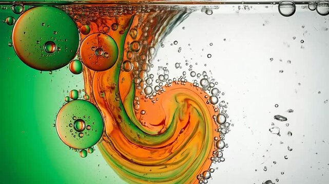 Abstract macro shot of colorful oil bubbles swirling in water