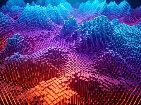 Futuristic 3D Voxel Topography Background With Neon Data Mountains And Abstract Digital Landscape