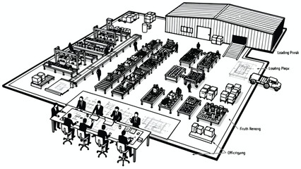 Fototapeta premium Industrial warehouse floor plan vector, factory production line and logistics center layout, manufacturing facility with loading dock and office
